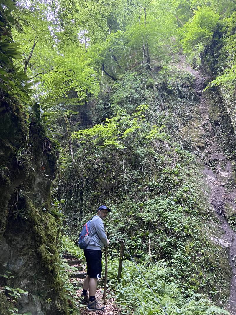 JF Poilprêt, montant des escaliers à flanc de montagne, avec beaucoup de verdure alentour.