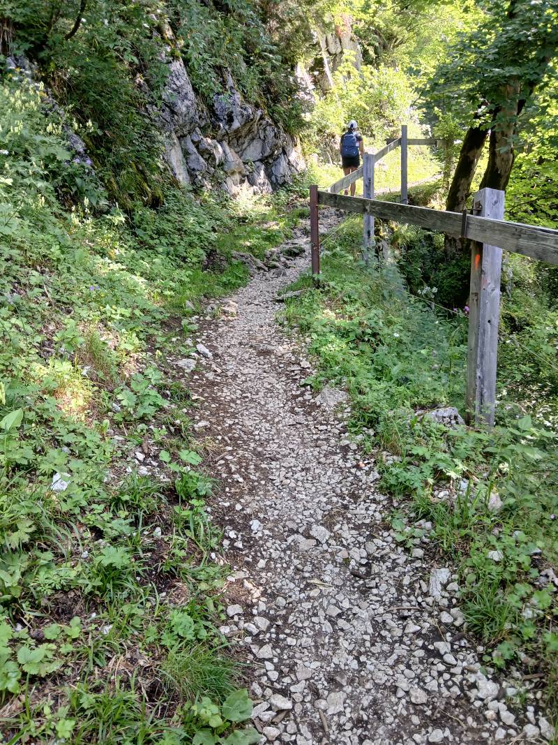 Chemin de graviers, assez étroit, avec le flanc de la montagne sur la gauche, une balustrade en bois sur la droite.