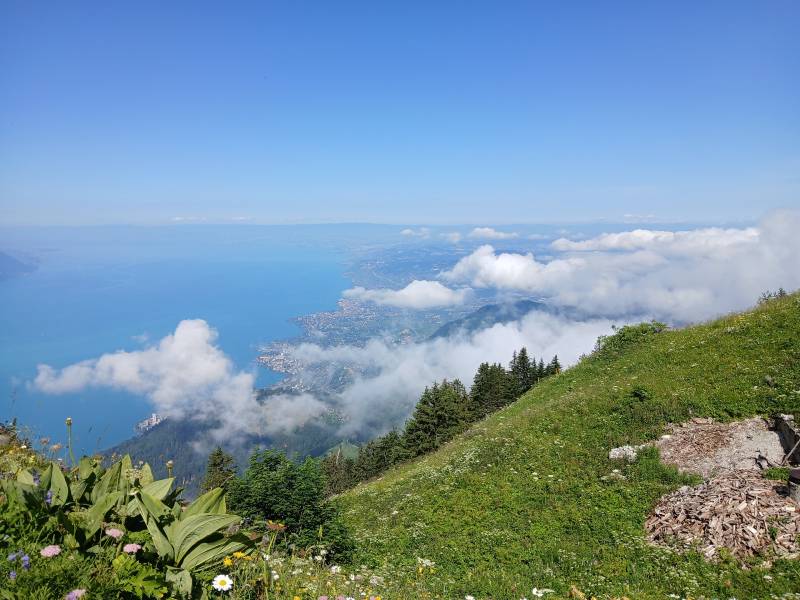 Depuis la plateforme de Sautodoz, on peut voir le bord du Léman côté Vaud. Tout en bas on arrive à distinguer l’emblématique “Tour d’Ivoire” de Montreux.